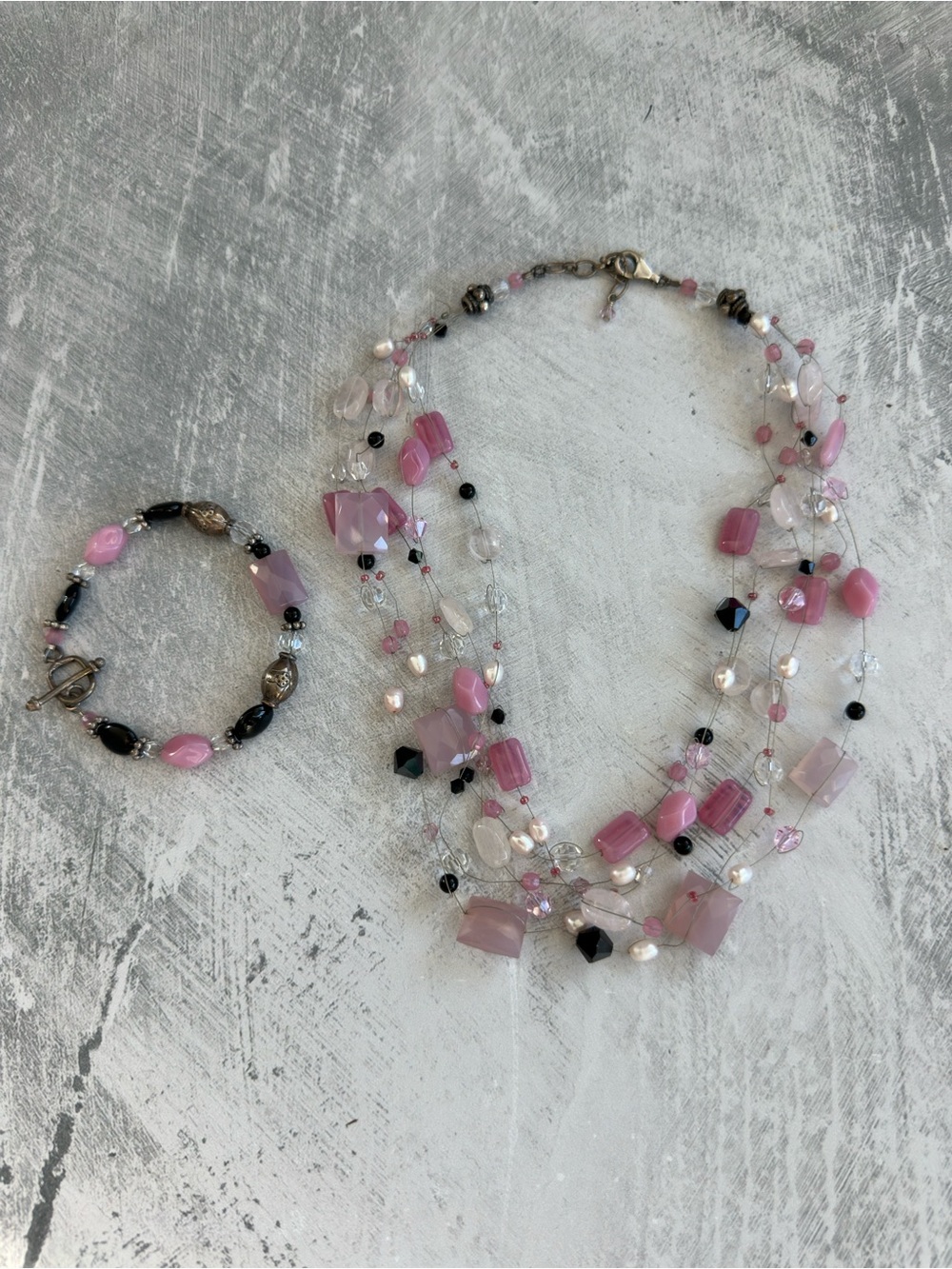 Handcrafted Pink Bead Necklace & Bracelet Set - Feminine Layered Jewelry